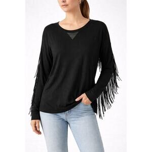 WAYF Black Fringe Sleeve Top Faux Leather Detail Boho Western Size M
